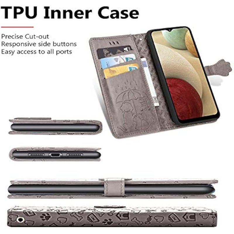 Samsung Galaxy A12 Cartoon Girl Wallet Case,CCSmall Cat Flip Phone Cover with Card Holder Wrist Strap & Screen Protector Kickstand PU Leather Cases for Samsung Galaxy A12 MG (Grey) - Image 3